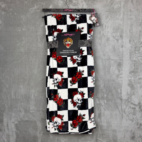 Ed Hardy Other - Ed Hardy Printed Plush Oversized Throw Blanket Skulls Roses Checkerboard 60x70